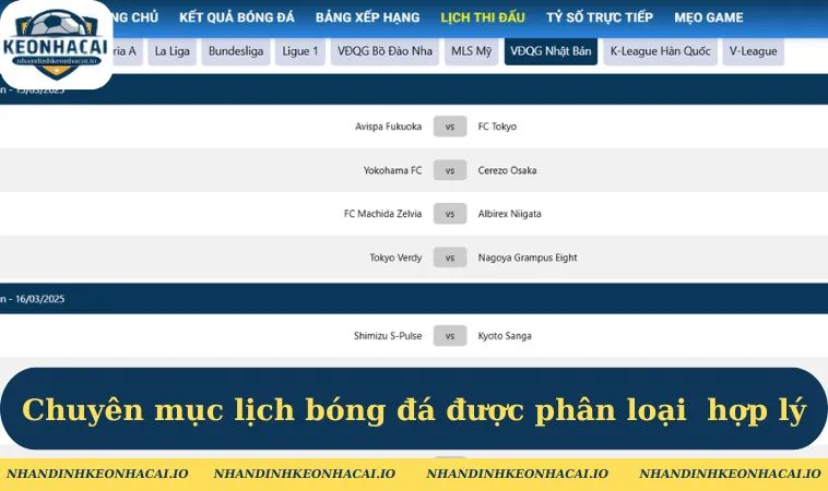 Chuyên mục lịch bóng đá được phân loại  hợp lý