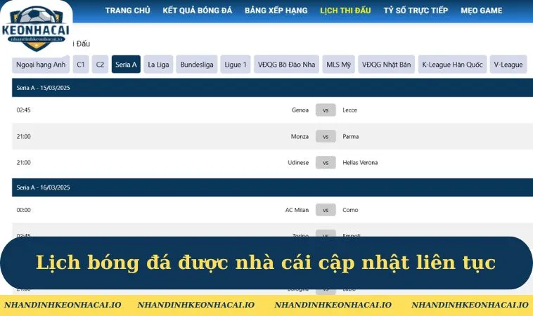 Lịch bóng đá được nhà cái cập nhật liên tục