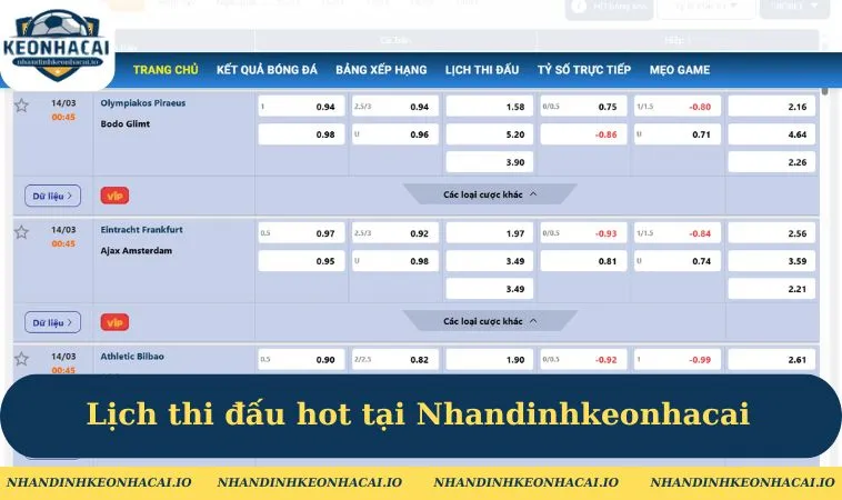 Lịch thi đấu hot tại Nhandinhkeonhacai